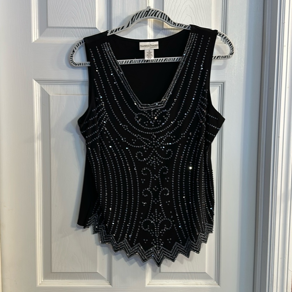 Gorgeous dressy black sleeveless top with rhinestones and sequins. Size XL.